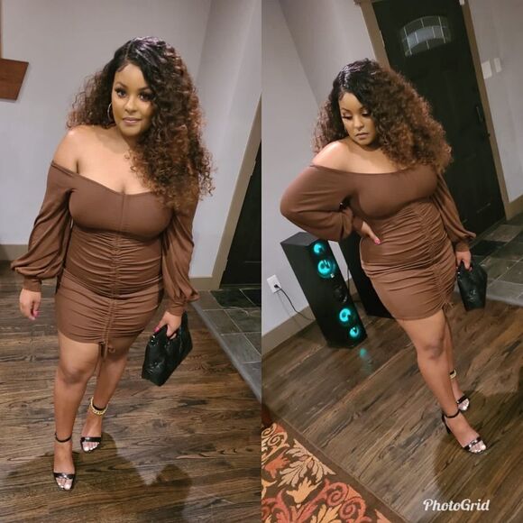 Prettylittlething Brown Ruched Off The Shoulder Drawstring Mini Dress - Picture 4 of 9